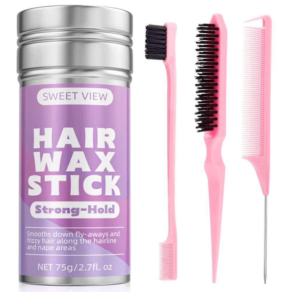 Hair Wax Stick & Slick Back Hair Brush for Tame Flyaways, Frizz, Sleek Ponytail,